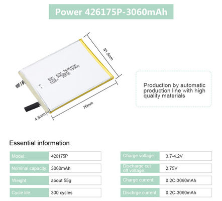 3.7V Rechargeable Li Ion Battery 3060MAh Li Polymer Cell With Customized Size