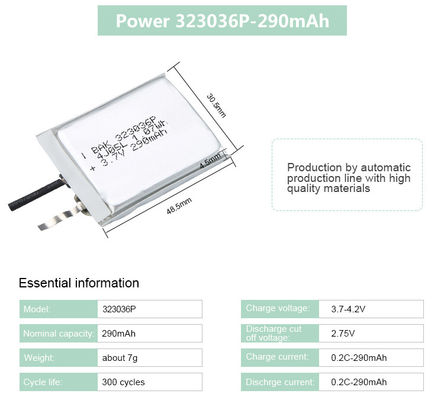 Small Li Pol Battery Rechargeable Li Ion Battery 323036P 3.7V 290mAh
