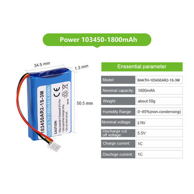 103450AR2-1S-3M  Li Ion 3.7V 1800mAh Prismatic Lithium Ion Battery for Consumer Electronics