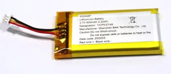 2.22Wh Polymer Lithium Battery 3.7 V 60025P600A 502648P 1S1P 600mAh