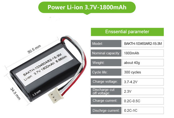 Rechargeable 103450AR 3.7V 1800mAh Lithium Ion Battery Pack for Consumer Electronics